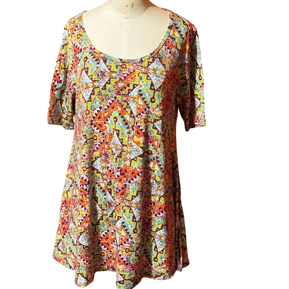 LuLaRoe XS Tunic Top Geometric Multicolor Print Short Sleeve Casual Womens